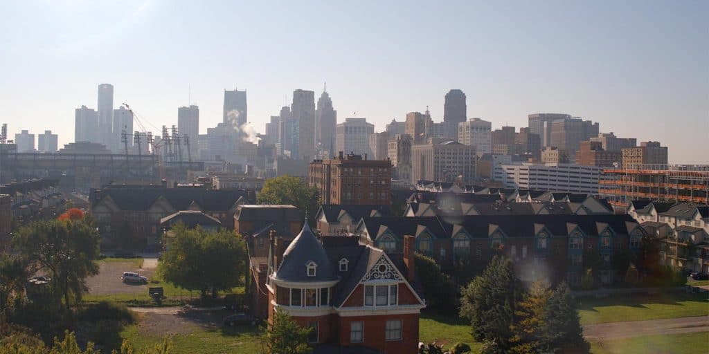 Downtown Detroit skyline.