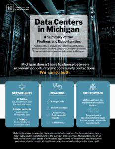 Executive summary about data centers in Michigan including key highlights from the report.